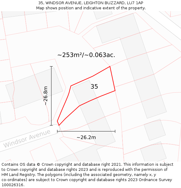 35, WINDSOR AVENUE, LEIGHTON BUZZARD, LU7 1AP: Plot and title map