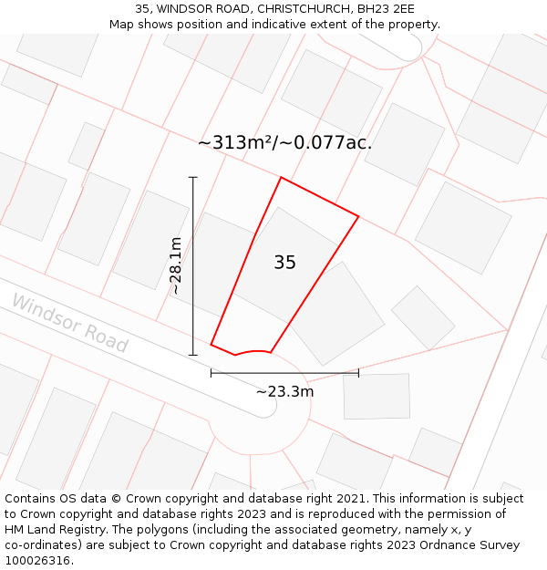 35, WINDSOR ROAD, CHRISTCHURCH, BH23 2EE: Plot and title map