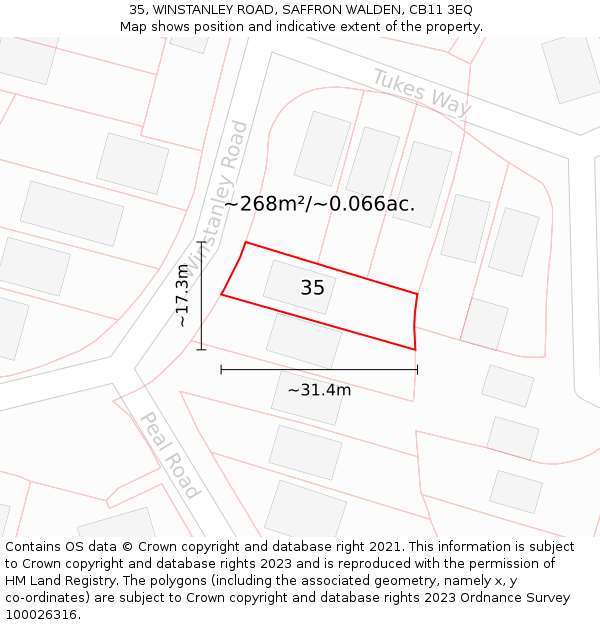 35, WINSTANLEY ROAD, SAFFRON WALDEN, CB11 3EQ: Plot and title map