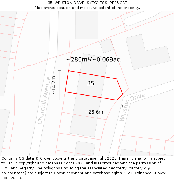 35, WINSTON DRIVE, SKEGNESS, PE25 2RE: Plot and title map