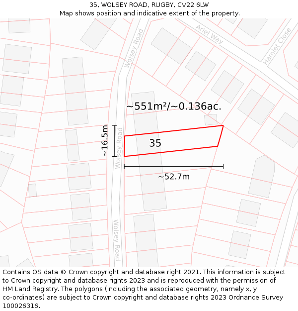 35, WOLSEY ROAD, RUGBY, CV22 6LW: Plot and title map