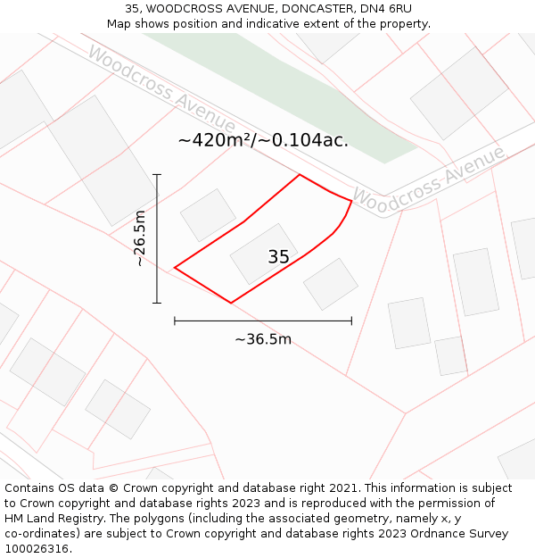 35, WOODCROSS AVENUE, DONCASTER, DN4 6RU: Plot and title map
