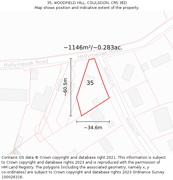 35, WOODFIELD HILL, COULSDON, CR5 3ED: Plot and title map
