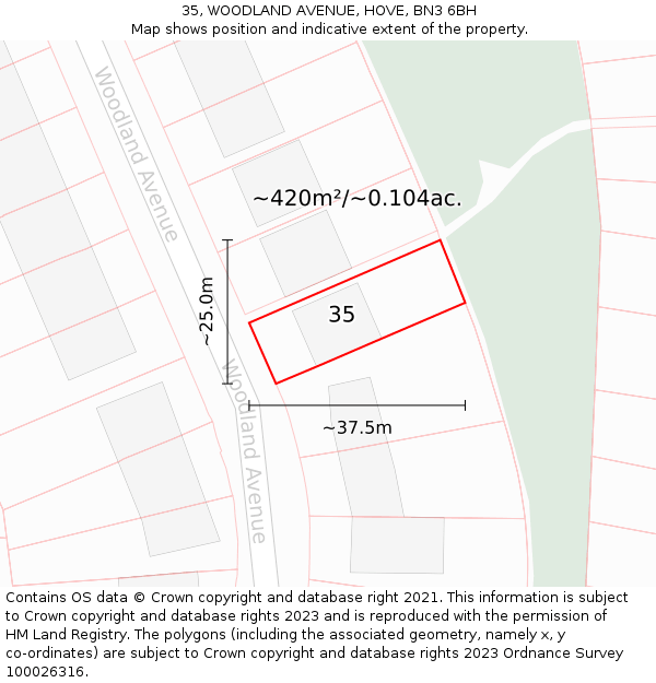 35, WOODLAND AVENUE, HOVE, BN3 6BH: Plot and title map
