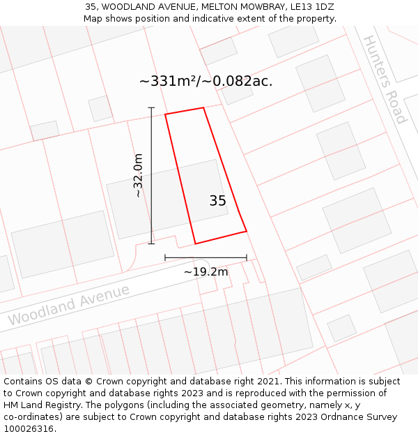 35, WOODLAND AVENUE, MELTON MOWBRAY, LE13 1DZ: Plot and title map