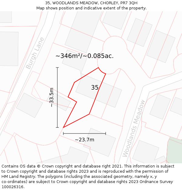 35, WOODLANDS MEADOW, CHORLEY, PR7 3QH: Plot and title map