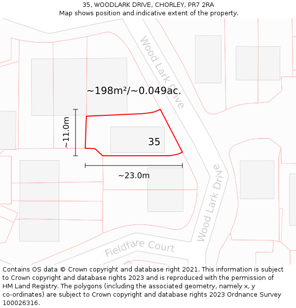 35, WOODLARK DRIVE, CHORLEY, PR7 2RA: Plot and title map