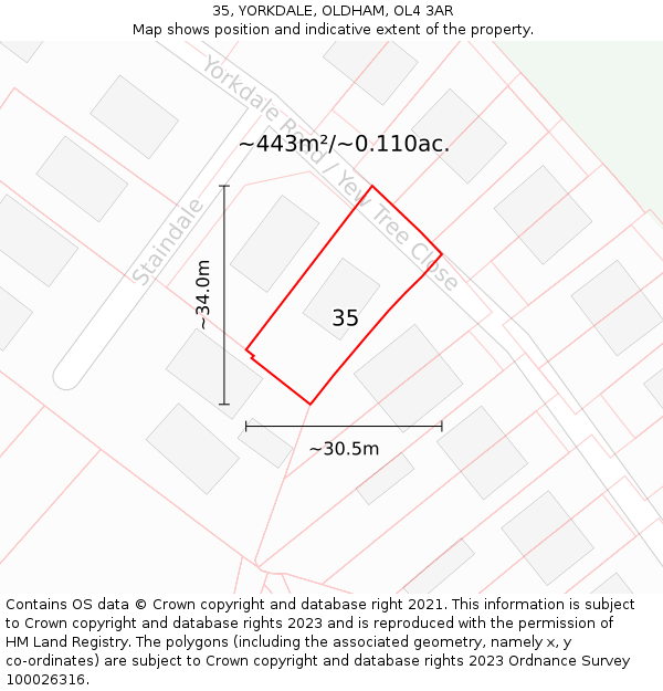 35, YORKDALE, OLDHAM, OL4 3AR: Plot and title map