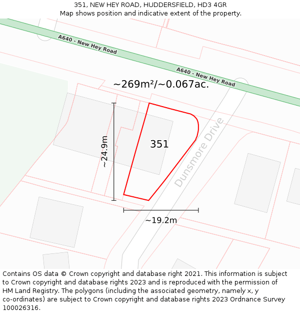 351, NEW HEY ROAD, HUDDERSFIELD, HD3 4GR: Plot and title map