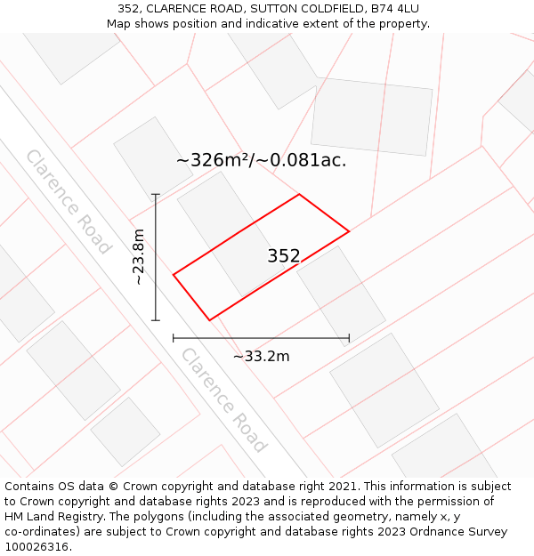 352, CLARENCE ROAD, SUTTON COLDFIELD, B74 4LU: Plot and title map