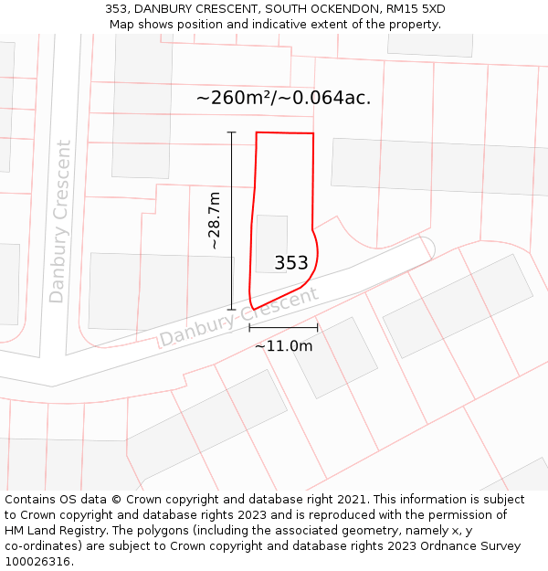 353, DANBURY CRESCENT, SOUTH OCKENDON, RM15 5XD: Plot and title map