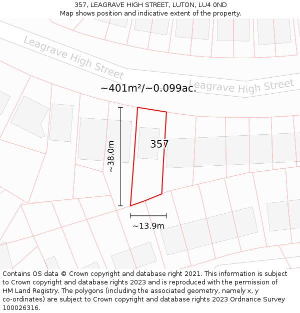 357, LEAGRAVE HIGH STREET, LUTON, LU4 0ND: Plot and title map