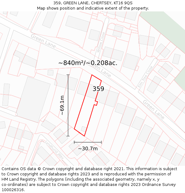 359, GREEN LANE, CHERTSEY, KT16 9QS: Plot and title map