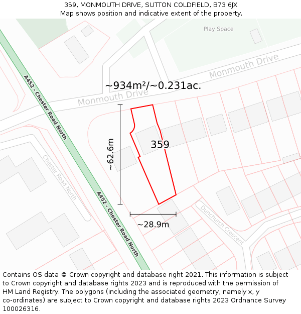 359, MONMOUTH DRIVE, SUTTON COLDFIELD, B73 6JX: Plot and title map