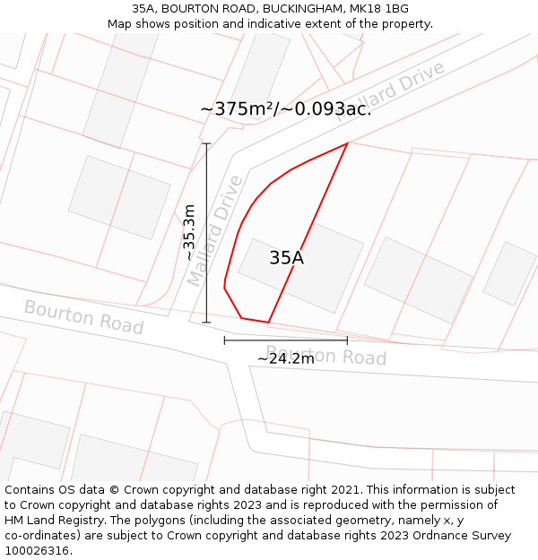 35A, BOURTON ROAD, BUCKINGHAM, MK18 1BG: Plot and title map