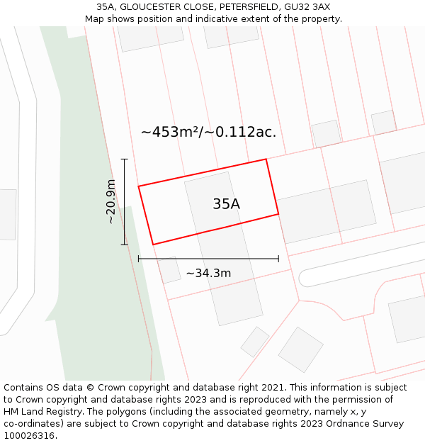 35A, GLOUCESTER CLOSE, PETERSFIELD, GU32 3AX: Plot and title map