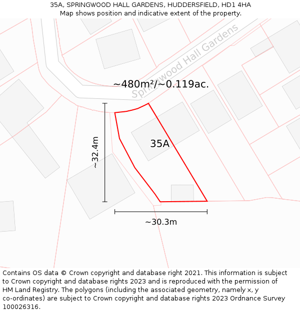 35A, SPRINGWOOD HALL GARDENS, HUDDERSFIELD, HD1 4HA: Plot and title map