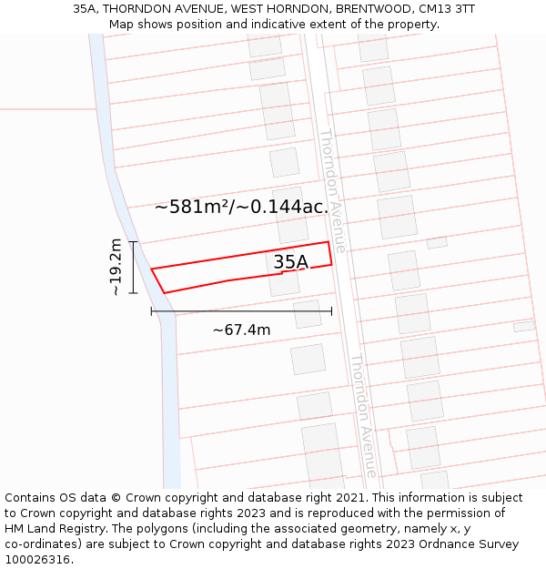 35A, THORNDON AVENUE, WEST HORNDON, BRENTWOOD, CM13 3TT: Plot and title map