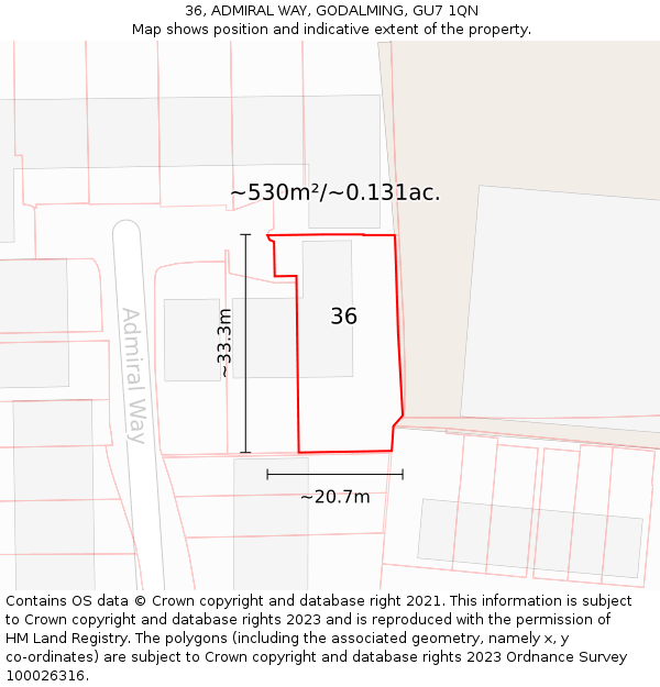 36, ADMIRAL WAY, GODALMING, GU7 1QN: Plot and title map