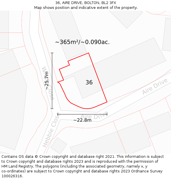 36, AIRE DRIVE, BOLTON, BL2 3FX: Plot and title map