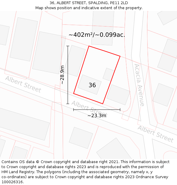 36, ALBERT STREET, SPALDING, PE11 2LD: Plot and title map