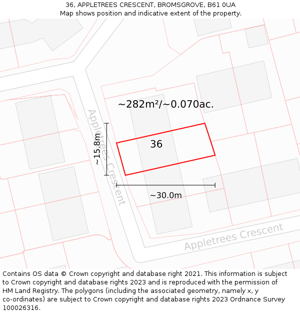 36, APPLETREES CRESCENT, BROMSGROVE, B61 0UA: Plot and title map