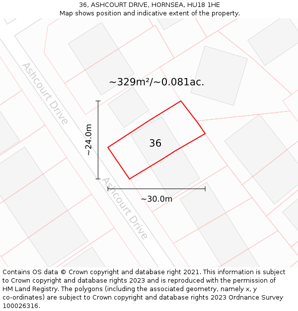 36, ASHCOURT DRIVE, HORNSEA, HU18 1HE: Plot and title map