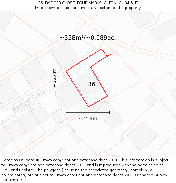 36, BADGER CLOSE, FOUR MARKS, ALTON, GU34 5HB: Plot and title map