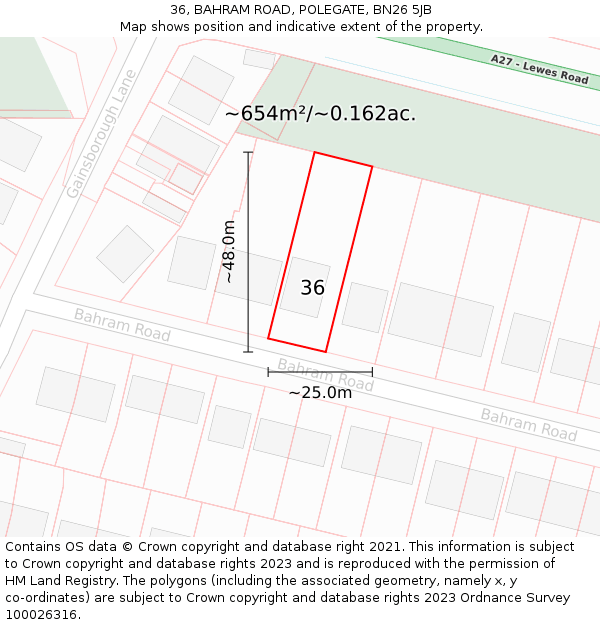 36, BAHRAM ROAD, POLEGATE, BN26 5JB: Plot and title map