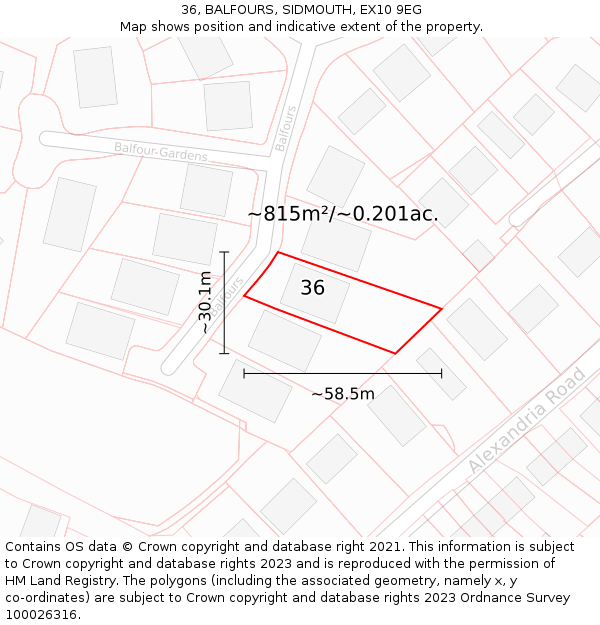 36, BALFOURS, SIDMOUTH, EX10 9EG: Plot and title map