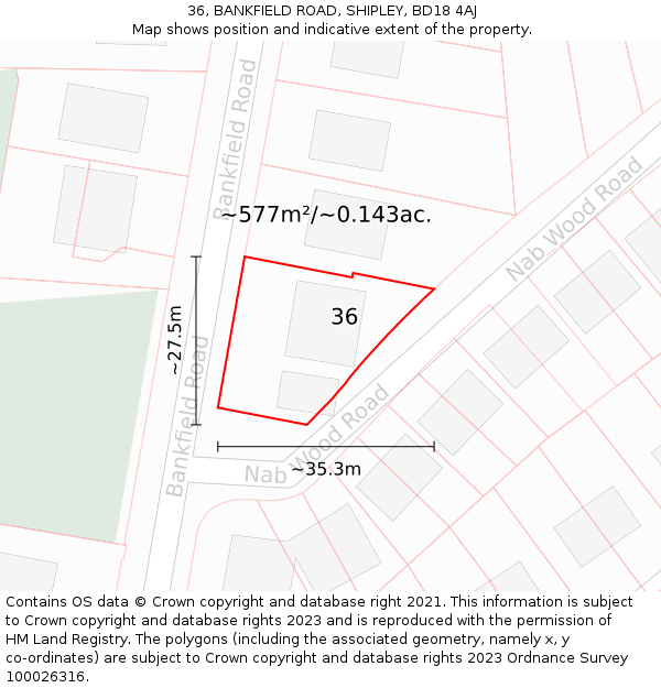 36, BANKFIELD ROAD, SHIPLEY, BD18 4AJ: Plot and title map