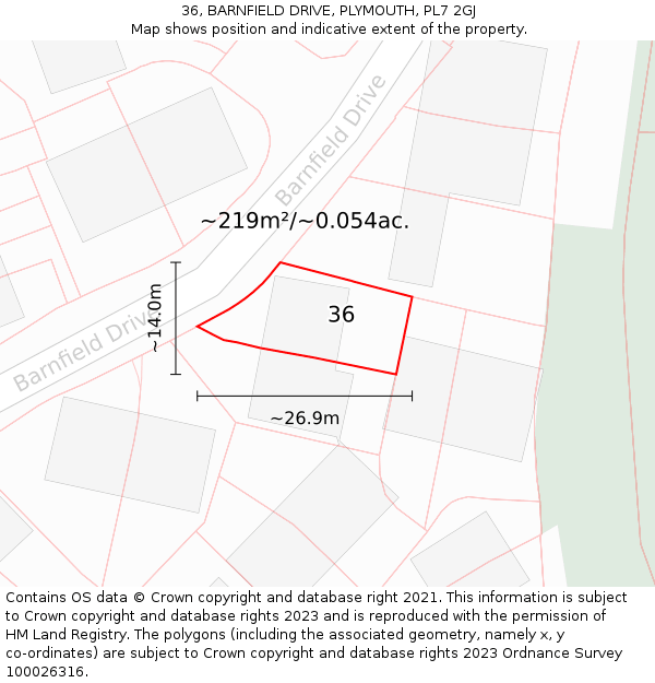 36, BARNFIELD DRIVE, PLYMOUTH, PL7 2GJ: Plot and title map