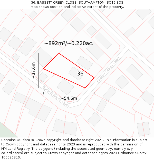 36, BASSETT GREEN CLOSE, SOUTHAMPTON, SO16 3QS: Plot and title map