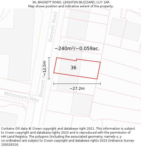 36, BASSETT ROAD, LEIGHTON BUZZARD, LU7 1AR: Plot and title map