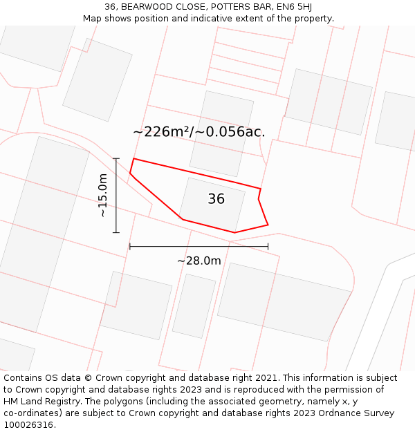 36, BEARWOOD CLOSE, POTTERS BAR, EN6 5HJ: Plot and title map