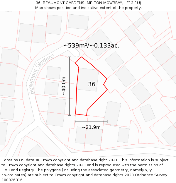 36, BEAUMONT GARDENS, MELTON MOWBRAY, LE13 1UJ: Plot and title map