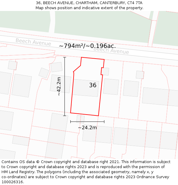 36, BEECH AVENUE, CHARTHAM, CANTERBURY, CT4 7TA: Plot and title map