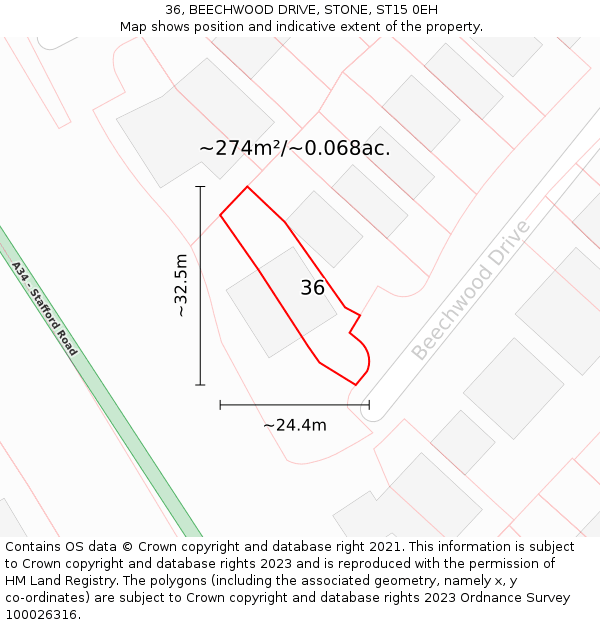 36, BEECHWOOD DRIVE, STONE, ST15 0EH: Plot and title map