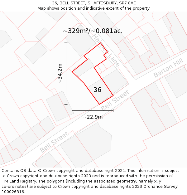 36, BELL STREET, SHAFTESBURY, SP7 8AE: Plot and title map