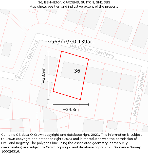 36, BENHILTON GARDENS, SUTTON, SM1 3BS: Plot and title map