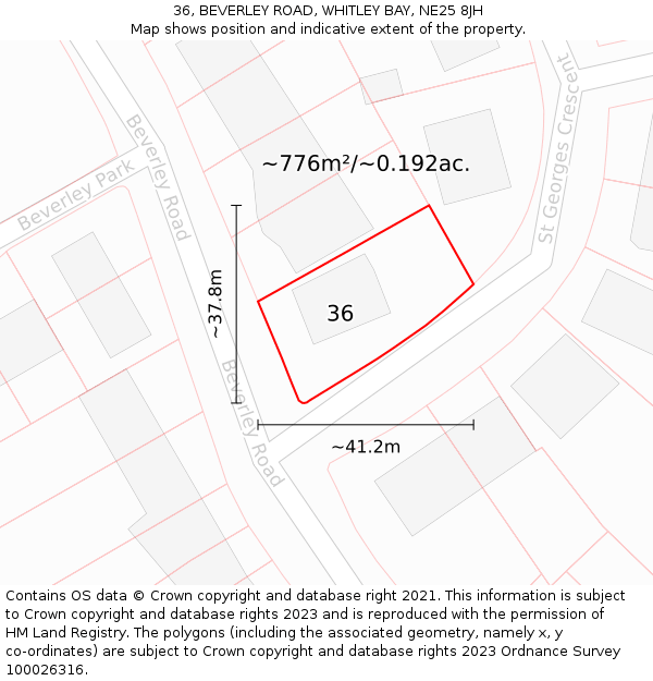36, BEVERLEY ROAD, WHITLEY BAY, NE25 8JH: Plot and title map