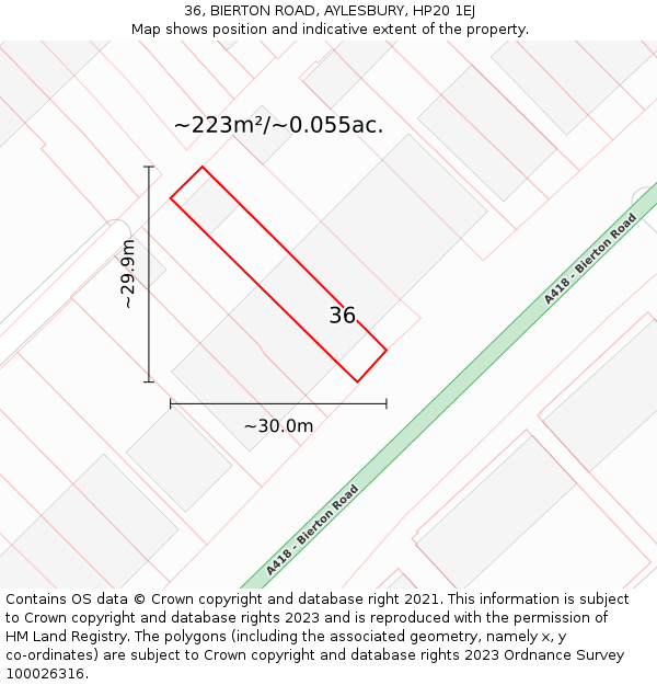 36, BIERTON ROAD, AYLESBURY, HP20 1EJ: Plot and title map