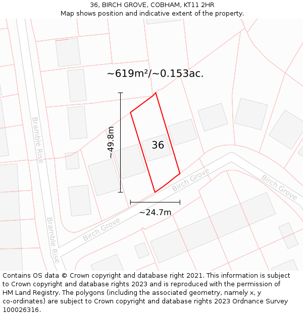 36, BIRCH GROVE, COBHAM, KT11 2HR: Plot and title map
