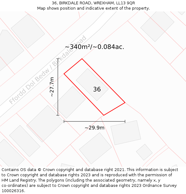 36, BIRKDALE ROAD, WREXHAM, LL13 9QR: Plot and title map