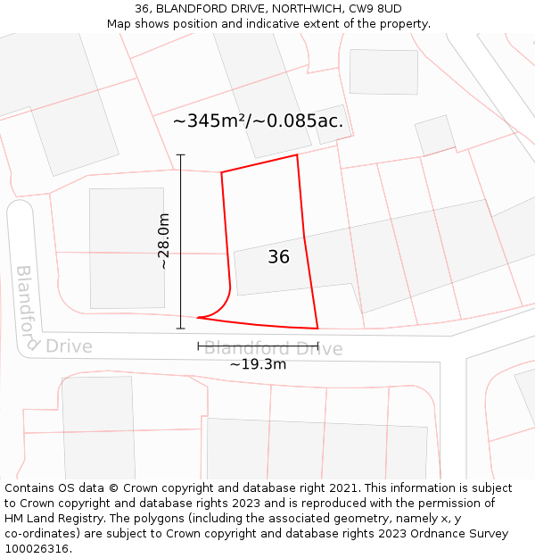 36, BLANDFORD DRIVE, NORTHWICH, CW9 8UD: Plot and title map