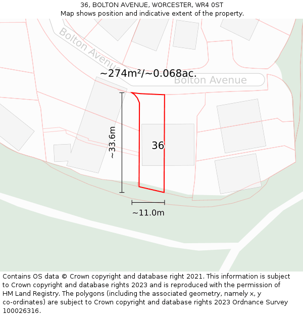 36, BOLTON AVENUE, WORCESTER, WR4 0ST: Plot and title map
