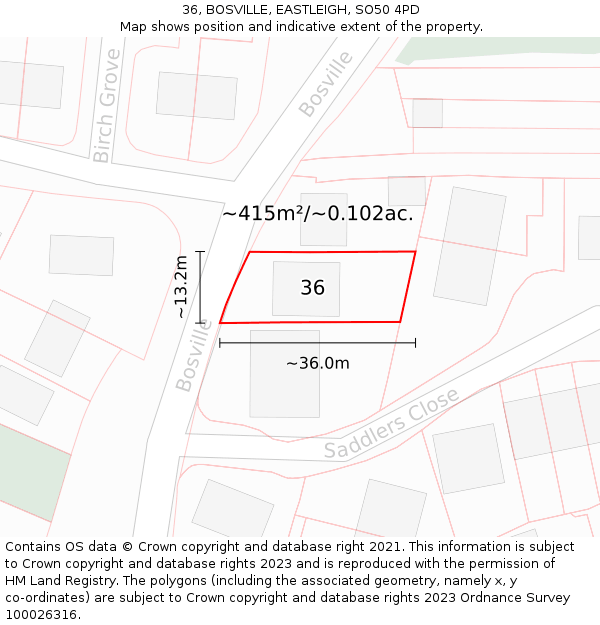 36, BOSVILLE, EASTLEIGH, SO50 4PD: Plot and title map