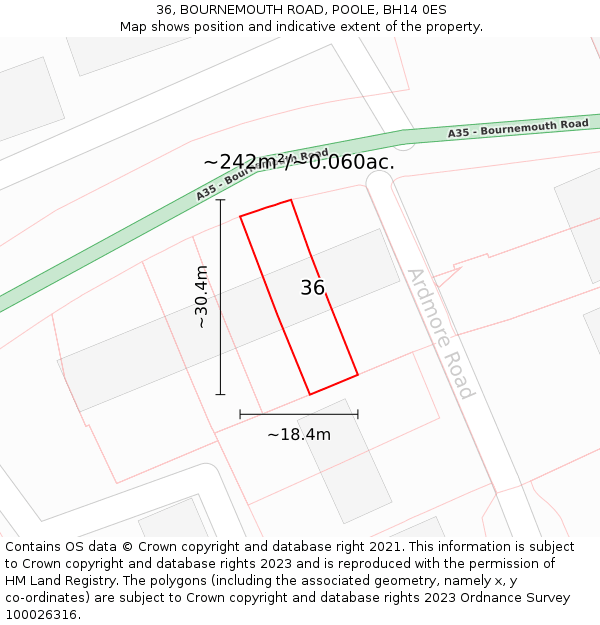 36, BOURNEMOUTH ROAD, POOLE, BH14 0ES: Plot and title map