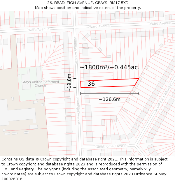 36, BRADLEIGH AVENUE, GRAYS, RM17 5XD: Plot and title map