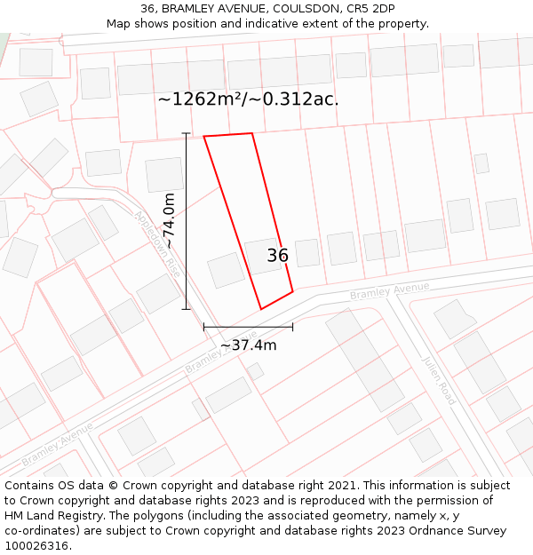 36, BRAMLEY AVENUE, COULSDON, CR5 2DP: Plot and title map